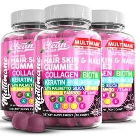 Multimane Collagen Gummies with Biotin Keratin Hyaluronic Acid Bamboo Vitamin A C Vitamin D Vitamin E Folate Saw Palmetto Silica B3 Vitamins Hair Skin and Nails Gummies by Clean Nutra