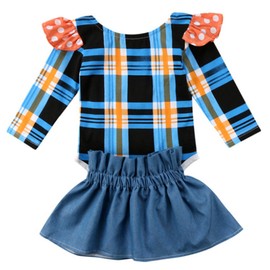 stylesilove Baby Girls Long Sleeve Plaid Romper with Mini Skirt 2 pcs Set (90/12-18 Months) Blue