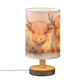Oarencol Bedside Table Lamp Cute Highland Cows Flower Nightstand Lamp with Wood Desk Lamps for Bedroom Living Room Nursery Office Home Decor