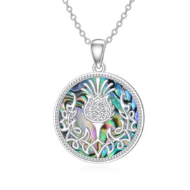 MEIDERBO Scottish Thistle Necklace 925 Sterling Silver Celtic Knot Scotland Flower Pendant Necklace Scottish Abalone Shell Jewelry Gifts for Women