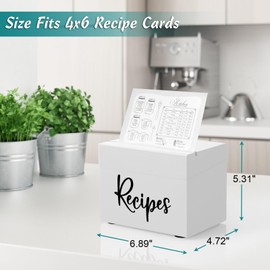 DRASTAR Recipe Box, Wooden Recipe Organizer, White Recipe Holder Box with 50 Recipe Cards 4"x6" & 6 Dividers, Recipe Book to Write in Your Own Recipes