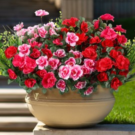 Thiccywoov 12pcs Artificial Flowers for Outdoor Fake Silk Camellia UV Resistant Realistic Eucalyptus Leaves Fake Grass Greenery for Front Door Porch Planter Pot Patio Balcony Decor(Vivid)