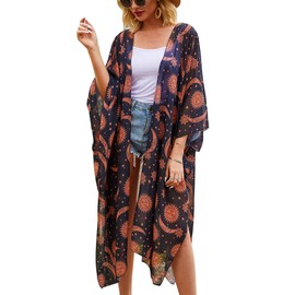 Hibluco Women's Fashion Chiffon Floral Kimono Cardigan Long Swimwear Cover Ups