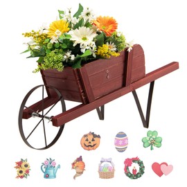 DREAMADE Wooden Wagon Planter, Flower Cart Display Stand w/Metal Wheels & Removable Magnetic Decoration, Wagon Decorative Garden Planter for Plants & Seasonal Displays, Pine Wood (Red)