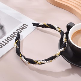 LUX ACCESSORIES XOXO Hair Braid Headband with Faux Pearls and Rhinestones, 4.5-6 Inches, Black Gold Tone