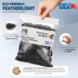 Black #19 Rubber Bands 3.5 Inch Premium Thin Office & Outdoor Rubberbands, Made in USA, High Heat UV Resistant Platinum Crepe Band Approx. 1250 per LB, 310 per 1/4lb (3-1/2" Long x 1/16" W) (0.50, Pounds)