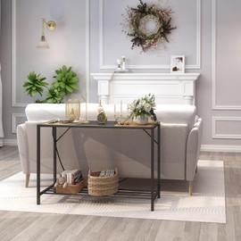 LAATOOREE Console Table with Power Outlet and USB Port, 41.7" Industrial Entryway Table with Shelf, Narrow Sofa Table for Hallway, Corridor, Foyer, Living Room, Wood Look Metal Frame