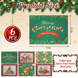 Toplive Christmas Placemats, Set of 6 Elegant Winter Table Mats for Dining Tables Washable Tablemats Non-Slip Place Mats for Christmas Decoration 43 X 33 CM (Red and Green)