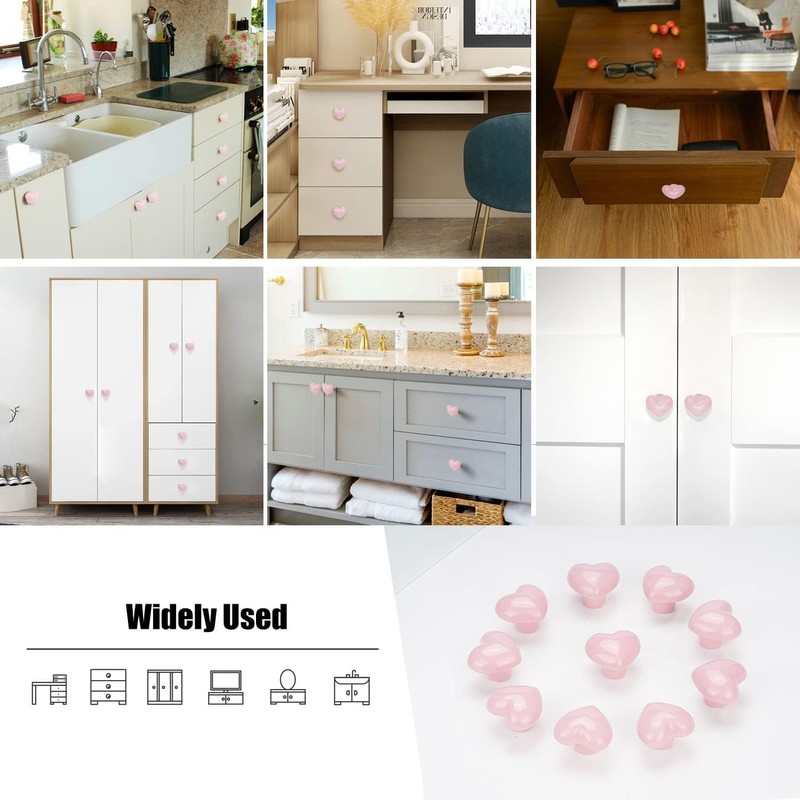 Noosverl 10 x Love Heart Shape Door Pull Knobs Pink