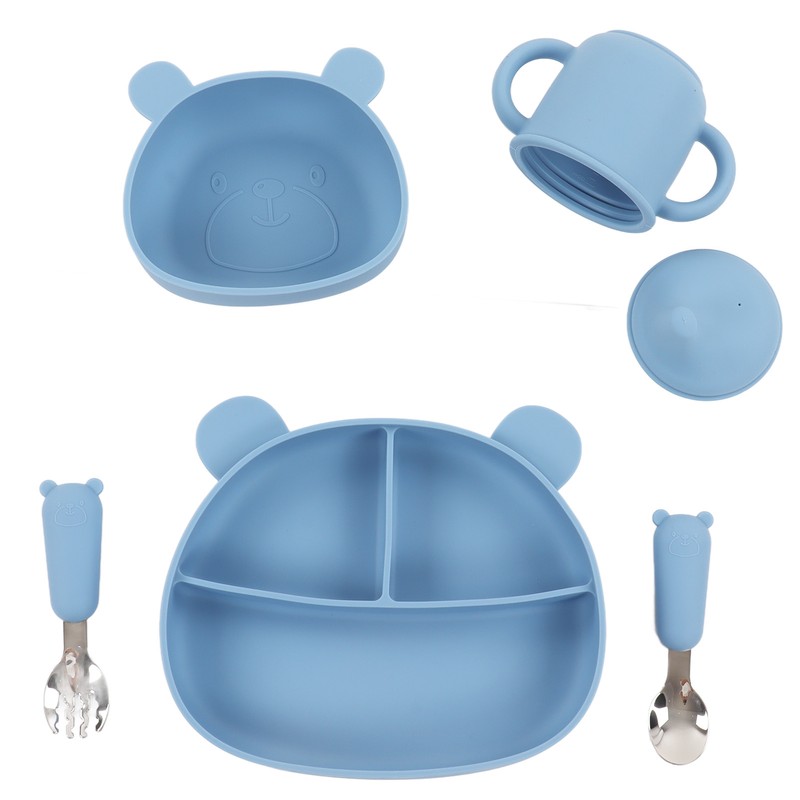 5pcs Baby Feeding Kit Food Grade Silicone Bear Design Plate