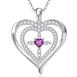 RIVIKO 925 Sterling Silver Feb Cross Birthstone Necklace for Women,Love Heart Pendant Necklaces Trendy,Mothers Day Gifts for Mom,Anniversary Jewelry Birthday Gifts for Women Wife Mother Friend