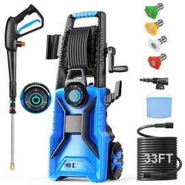 Pressure Cleaner High Power Cleaner with 33ft Pressure Hose Reel, 4 Nozzles and Foam Cannon for Cars/Fences/Driveways/Patios/Home Cleaning (Blue)