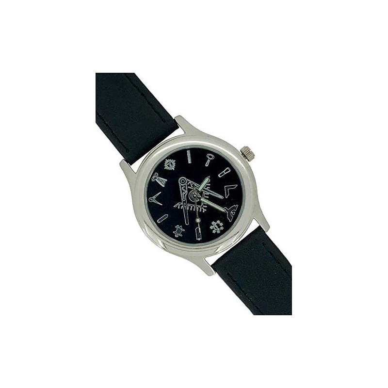 WESTIME Masonic Freemason Square and Compass Black Dial Leather Wrist