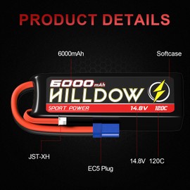 Hilldow 14.8V Lipo RC Battery 4S 120C 6000mAh Lipos Batteries Rechargeable with EC5 Plug for for RC Buggy Truggy 1/10 Scale RC Truck Crawler Monster RC Car Boat (2 Packs)