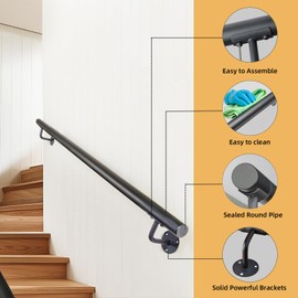 Purife 48 Inch Black Square Pipe Staircase Handrails - 4 FT Wall Mount Stairway Railing Indoor, Outdoor Stair Railing, Deck Rails, Banister Railing, Safety Grab Handle for Handicap