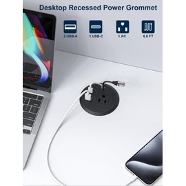 Desktop Power Grommet Outlet PD 20W Fast Charging USB-C,Tamper-Resistant Design AC Outlets,3.15'' Cable Hole Grommet Outlet,Recessed Power Grommet with 3 USB Ports (1-Pack)