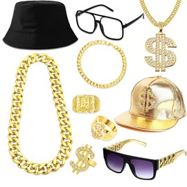MOZAKA 80s 90s Rapper Costume Kit for Men Hip Hop Accessories Fake Gold Chain Money Sign Necklace Hip Hop Rapper Costume Jewelry