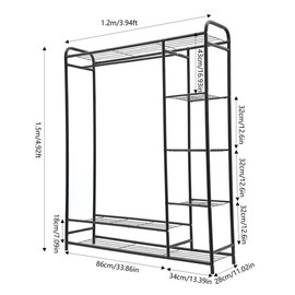 Freestanding Clothing Rack, Wardrobe Closet Rack for Bedroom, Black Closet Organizer Coat Rack with 7-Tier Storage Net, Heavy Duty Clothing Rack for Hanging Clothes, 47.24*11.02*59.05 in