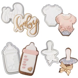 Baby Shower Cookie Cutter 4 Pack 3D Stampers Molds DIY Fondant Decorating for Kids' Birthday Party Kitchen Tools, Baby Letter, Baby Bottle, Onesie, Pacifier