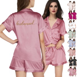 WJing Yi Jia Womens Floral Bridesmaid Pajamas 2Pcs Bride Silk Pajama Set For Bridal Party Gifts Soft Satin Pj Sets Silky Pjs