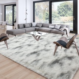 Merelax Soft Area Rugs for Livingroom Bedroom, Shaggy Plush Fuzzy Fluffy Carpet Furry Fur Rug, Modern Indoor Comfy Nursery Kids Dorm Home Decor Floor Mat, 9 x 12 ft, Tie-Dyed Grey & White