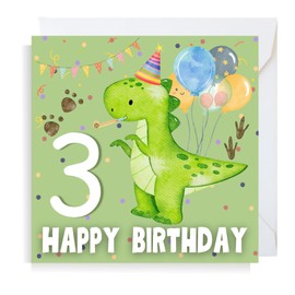 Second Ave Dinosaur 3rd Birthday Age 3 Square Children's Kids Birthday Greeting Card for Boy or Girl