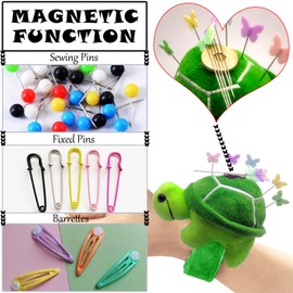Bonito cojín de tortuga para coser con magnético, pulsera a presión para alfileres y agujas, incluye 50 bonitos pasadores rectos de mariposa.