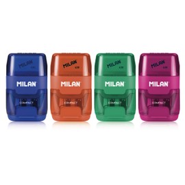 MILAN 151008 2 in 1 Sharpener and Eraser - Assorted Colours (Pack of 16)
