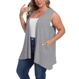 OLRIK Lightweight Plus Size Cardigan with Pocket Sleeveless Cardigans for Women Summer Dark Gray-4X