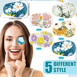 Geiserailie 50 Pcs Adhesive Eye Patches for Adults with 5 Styles Vintage Boho Flower Designs Adhesive Bandages Soft Concave Shape Eyepatches for Lazy Eye Women Girl Valentine's Day Gift