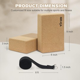 YIGUO Cork Yoga Blocks 2 Pack with Strap, Natural Yoga Block, Eco-friendly yoga blocks, High Density & Non-Slip Yoga Accessories for Women, Ideal for Yoga, Pilates and Stretching, 9"x6"x3"