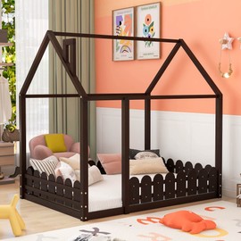 Harper & Bright Designs Full Size House Bed for Kids,Montessori Bed Full Size with Fence-Shaped Guardrails, Wood Toddler Full Floor Bed Frames for Girls, Boys(Full,Espresso)
