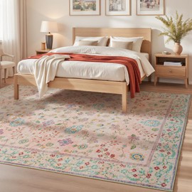 Goideal Floral Living Room Rug 5x7, Pale Pink Washable Area Rug Non Slip, Boho Low Pile Carpet with Rubber Backing for Bedroom Kitchen Bathroom Playroom Entryway Office