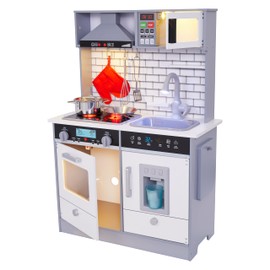 Lil' Jumbl Jumbl Kids Kitchen Set, Pretend Wooden Play Kitchen, Includes Range Hood, Microwave, Stove Top, Oven That Make Realistic Sound & Light, Pots, Pan, Cutting Board & Utensils Included,