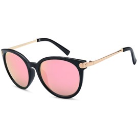styleBREAKER Women's Cat-Eye Sunglasses, Plastic Full-Rim Frame with Metal Temples 09020073, Frame black-gold/glass shocking pink mirrored