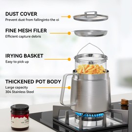 304 Stainless Steel Oil Filter Pot, 68oz/2L Large Capacity Versatile Oil Filter Vessel, Multi-function Frying net Tank Heavy Duty Stainless Steel Bacon Grease Container for Kitchen and Camping