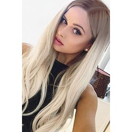 VEBONNY Ombre 613 Lace Front Wigs with Brown Roots, Ombre Platinum Blonde Hair Wig for Women, 24 Inch, Straight Wig with Middle Part