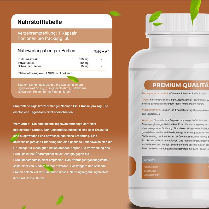 Turmeric Capsules 650 mg with Black Pepper 10 mg and