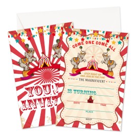 RYSMH Carnival Birthday Invitations, Vintage Circus Invites Cards For Boys Girls, Birthday Party Celebration Favors Supplies, 20pcs Circus Carnival Party Fill In Invitation Cards With Envelopes -11