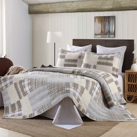 KALOOLA 100% Cotton Quilts King Size 3 Pieces, Farmhouse Plaid King Quilt Bedding Sets, Brown Rustic King Size Bedspreads, Reversible Lightweight King Coverlet for All Seasons