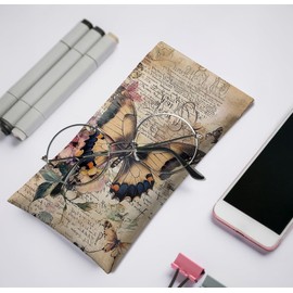 2 Pack Eyeglasses Case & Sunglasses Case-PU Soft Squeeze Top Glasses Pouch for Men Women, Vintage Floral & Butterflies Portable Anti-Scratch Eyewear Bag, Reading Glasses Bag(Butterflies, Brown)