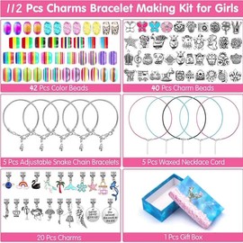 Kit para Hacer Pulseras Niñas, 112 PZS Kit Artesanía DIY Pulsera de Plata Cadena,Kit de Fabricación de Pulseras de Abalorios para Niñas, Manualidades DIY Set para Año, Exquisita Caja de Alce Regalos para Niña de Cumpleaños,Día del Niño,Navidades