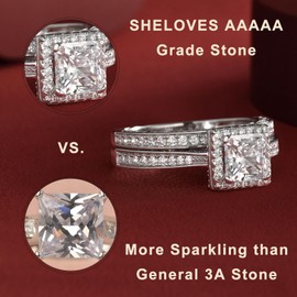 SHELOVES Bridal Wedding Rings Sets for Women 925 Sterling Silver Engagement Rings Princess CZ Sz Z 1/2