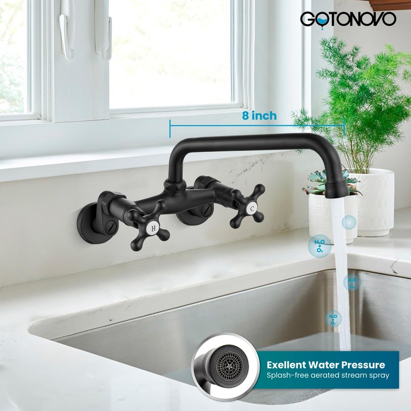 gotonovo Wall Mount Kitchen Sink Faucet Double Cross Handle Commercial