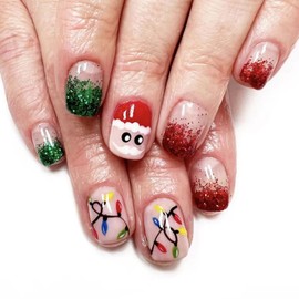 Cartoon Santa Claus Press-on Nails Winter Christmas False Nails With Red Green Glitter Gradient Glue-on Glossy Short Square Acrylic for Women Girls DIY Xmas Nail Art