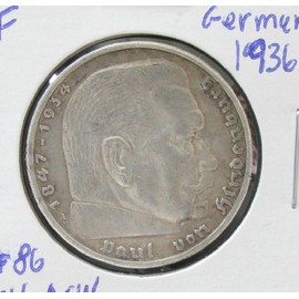 1936-A German 5 Mark 3rd Reich; KM#86; Silver