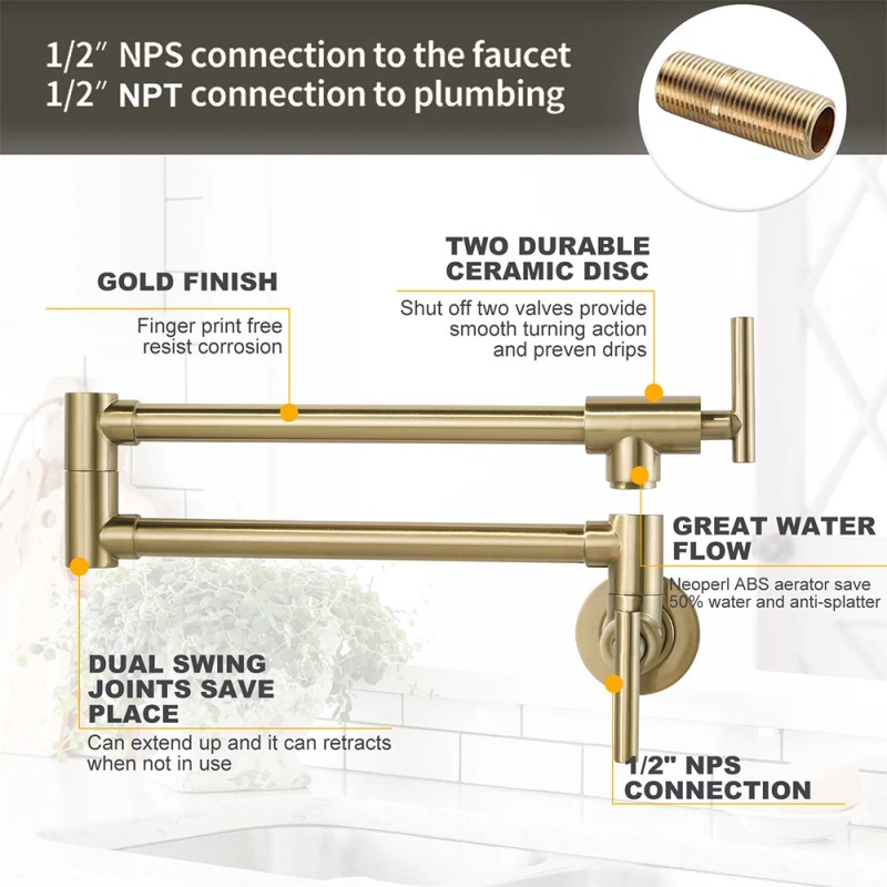 Pot Filler Faucet Gold Wall Mount Kitchen Faucet Folding Double