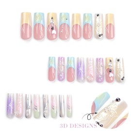 IMRAIN Press on Nails Square Long Colorful French Tips Fake Nails Extra Long Glue on Nails Glossy Full Cover Artificial False Nails with Pearl Butterfly Designs Stick on Nails for Women