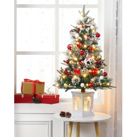 Small 3ft Pre-Lit Artificial Christmas Tree, Green with White Lights and Snowman Base for Home or Office Tabletop, Includes Timer and Battery Operated Option, 2 Pack