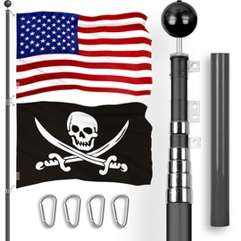 G128 Combo Pack: 25 Ft Telescoping Aluminum Flagpole (Black) & American and Pirate Jolly Roger Swords Flags 3x5 Ft, Both ToughWeave Series Embroidered Polyester | Pole with Flags Included